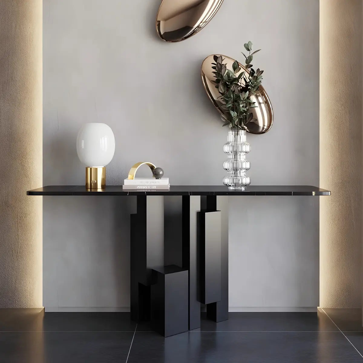 Rectangular Black Stone Abstract Metal Base Console Table Image - 14