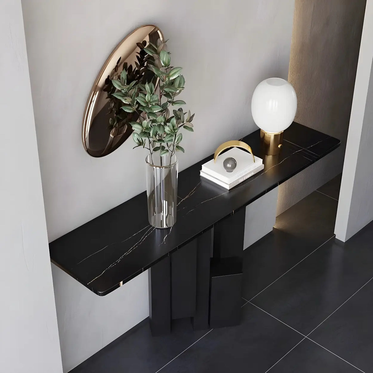 Rectangular Black Stone Abstract Metal Base Console Table Image - 6