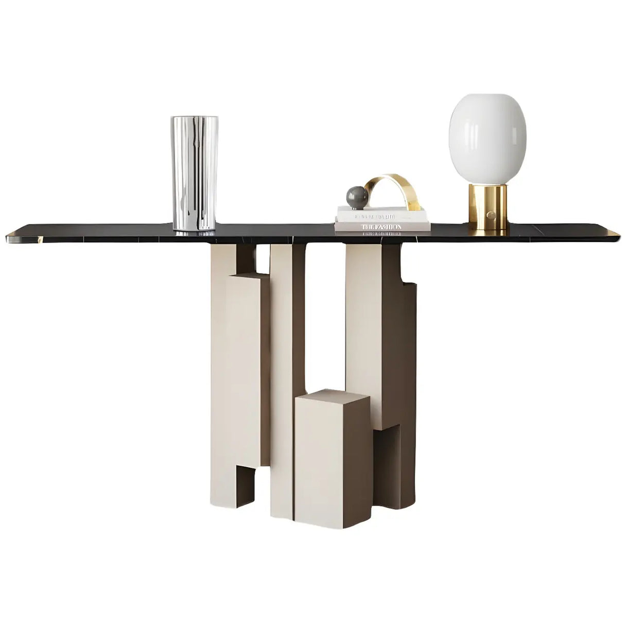 Rectangular Black Stone Abstract Metal Base Console Table Image - 7
