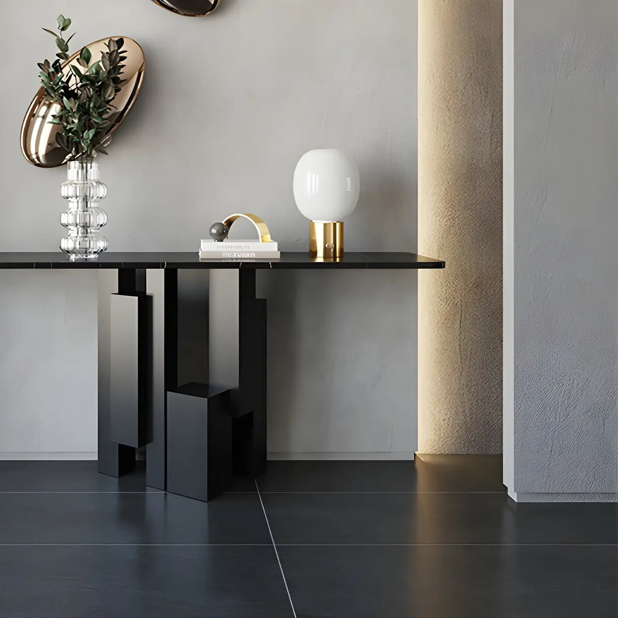 Rectangular Black Stone Abstract Metal Base Console Table Image - 8