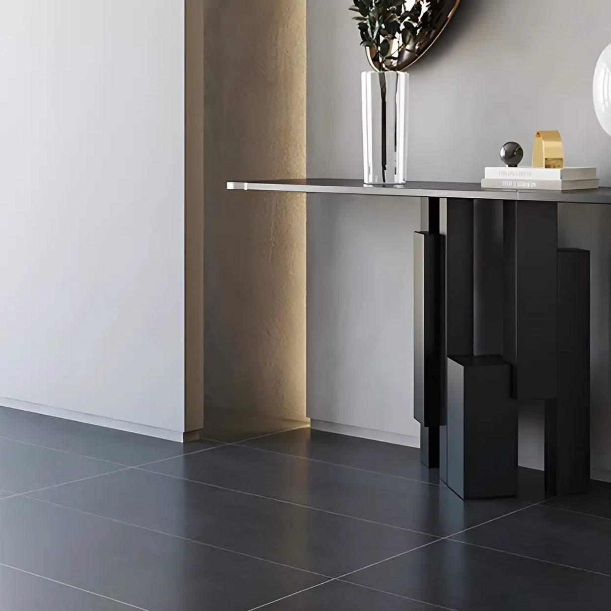 Rectangular Black Stone Abstract Metal Base Console Table Image - 9