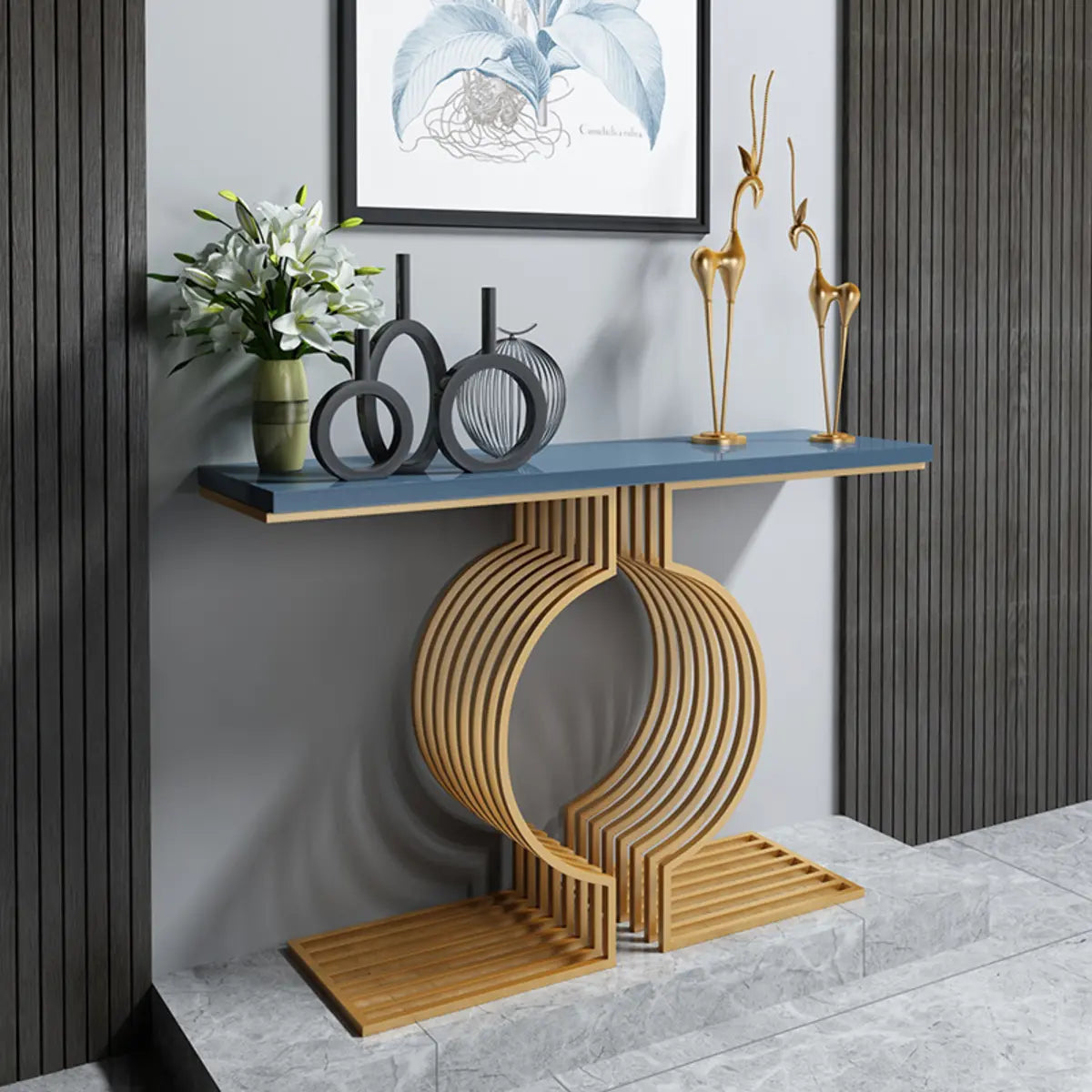 Rectangular Blue Wood Geometric Entry Console Table Image - 7