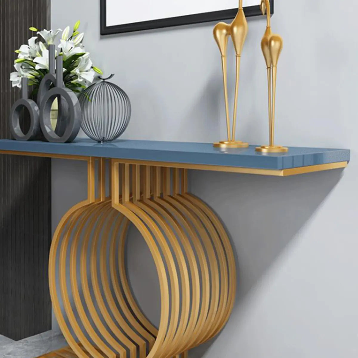 Rectangular Blue Wood Geometric Entry Console Table Image - 9