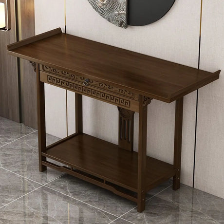 Rectangular Brown Storage Console Table with Floor Shelf Image - 1