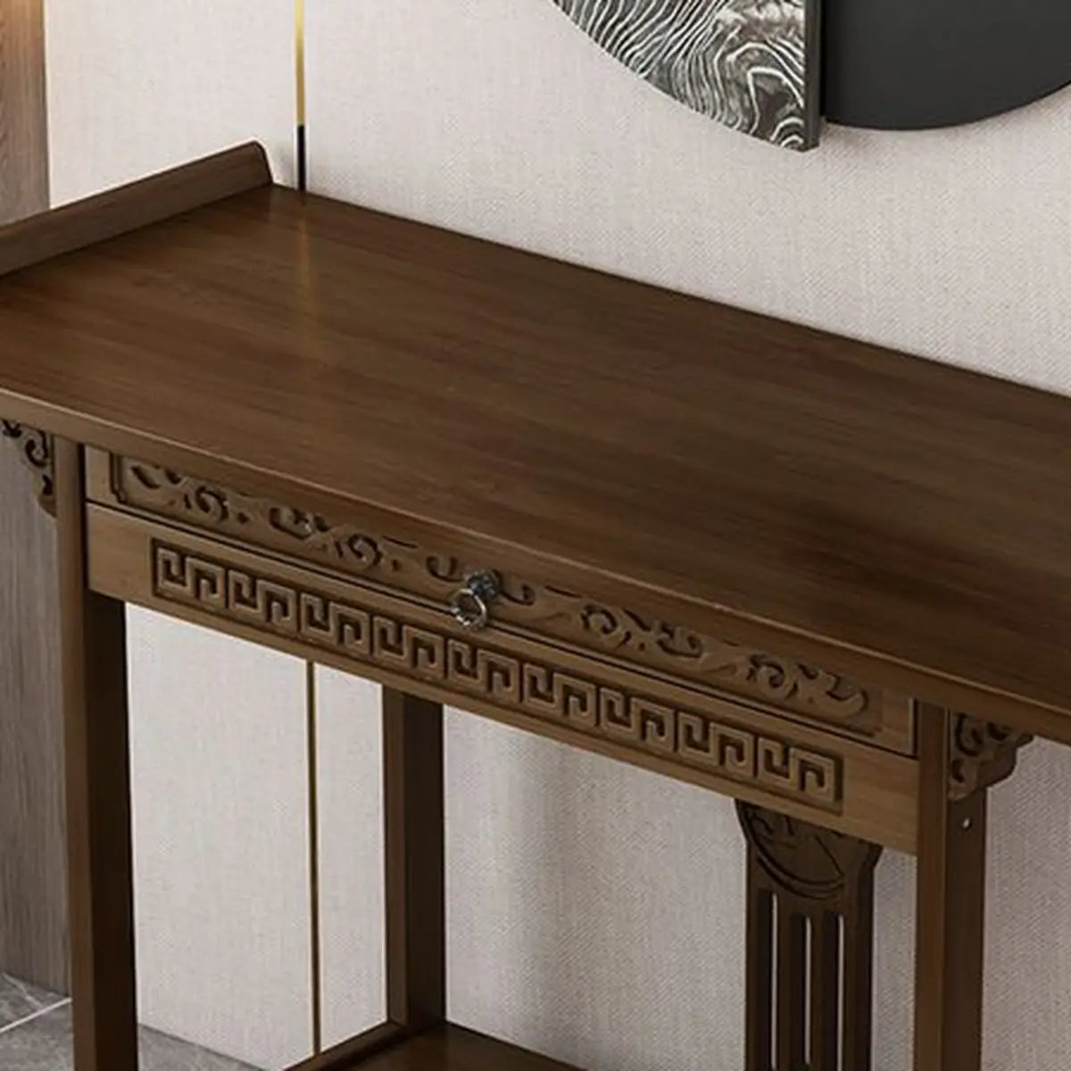 Rectangular Brown Storage Console Table with Floor Shelf Image - 10