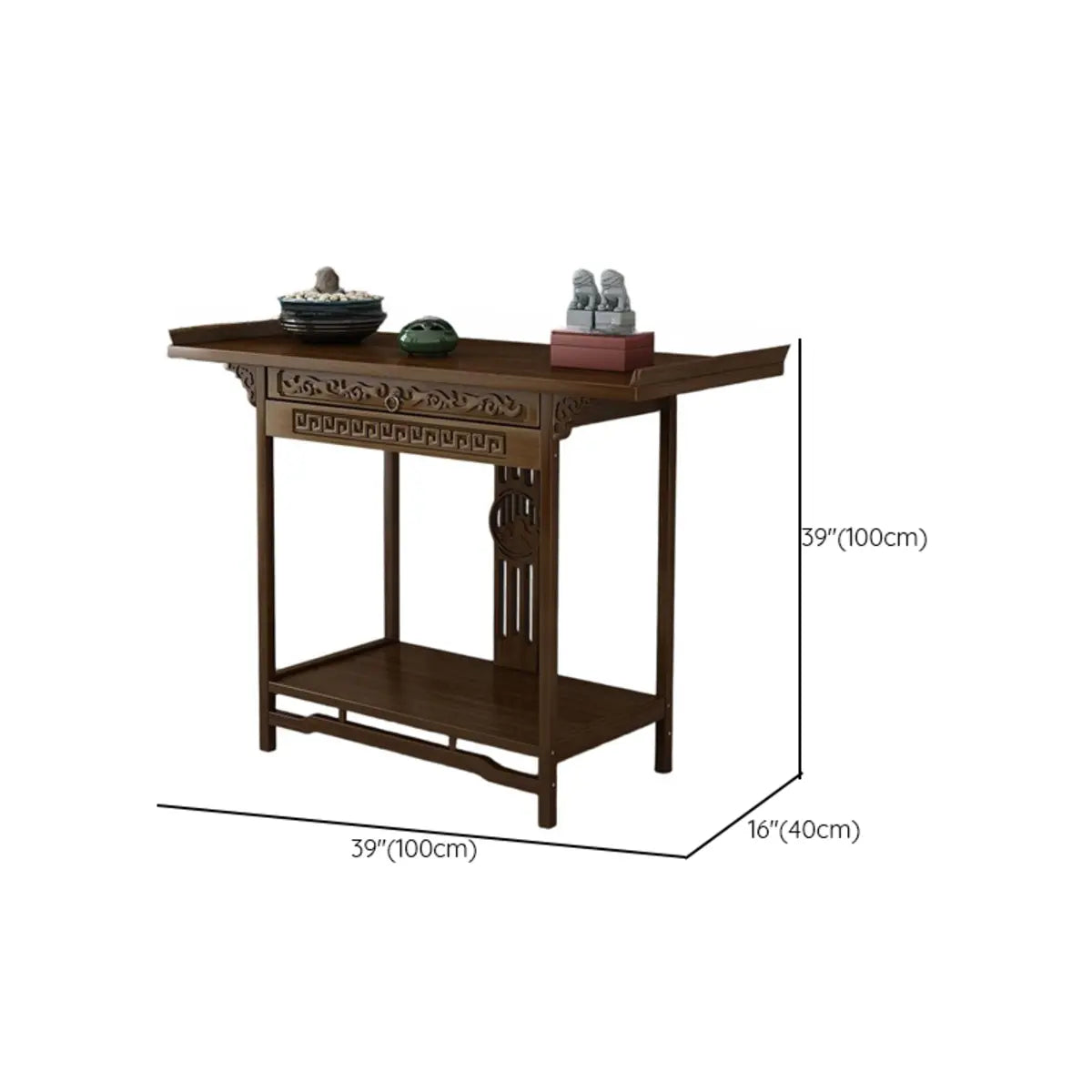 Rectangular Brown Storage Console Table with Floor Shelf 