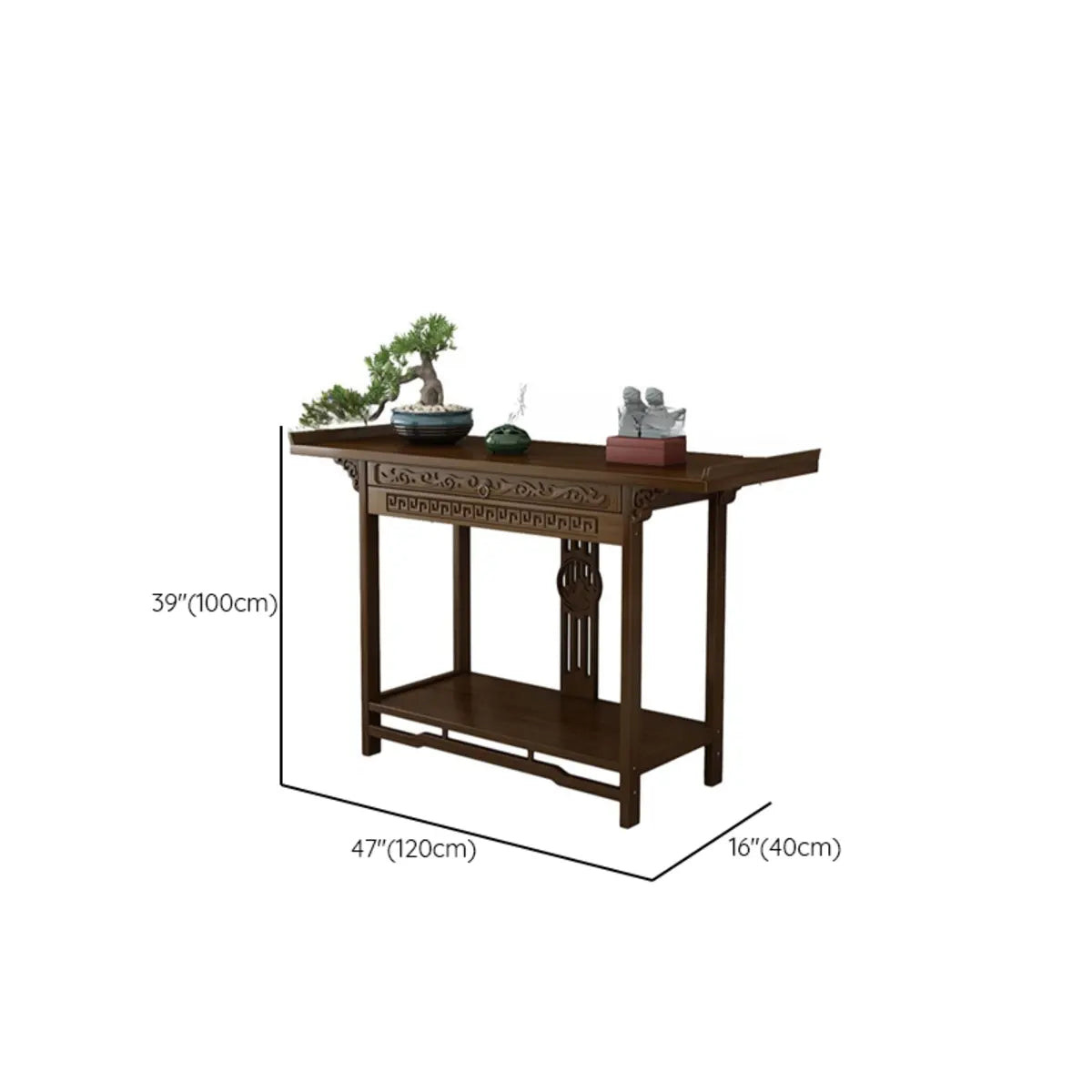 Rectangular Brown Storage Console Table with Floor Shelf Image - 12