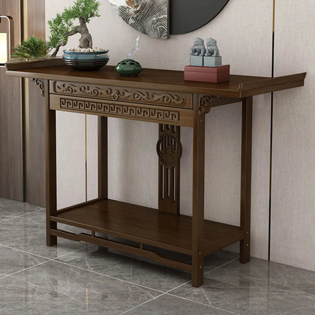 Rectangular Brown Storage Console Table with Floor Shelf Image - 2