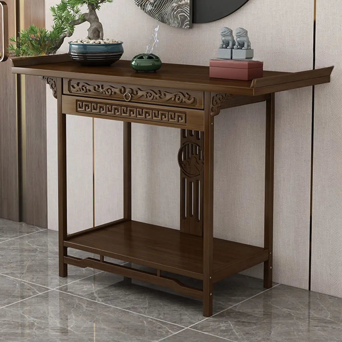 Rectangular Brown Storage Console Table with Floor Shelf Image - 3