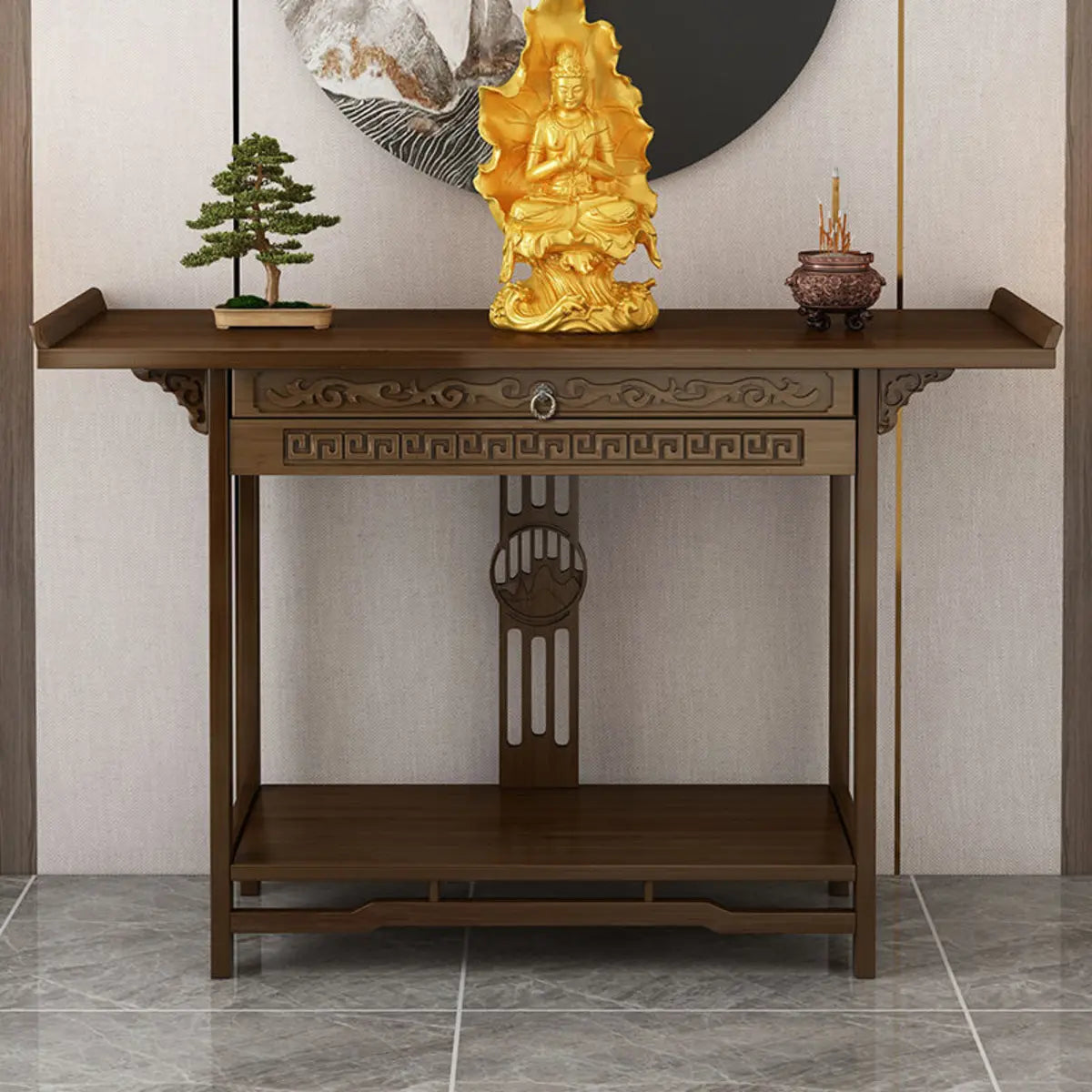 Rectangular Brown Storage Console Table with Floor Shelf Image - 4