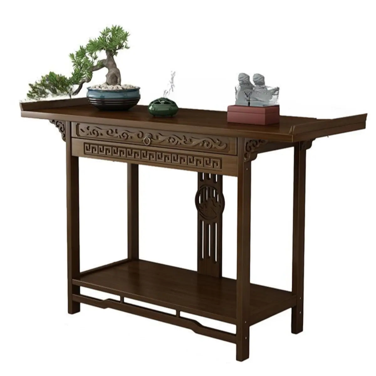 Rectangular Brown Storage Console Table with Floor Shelf Image - 5