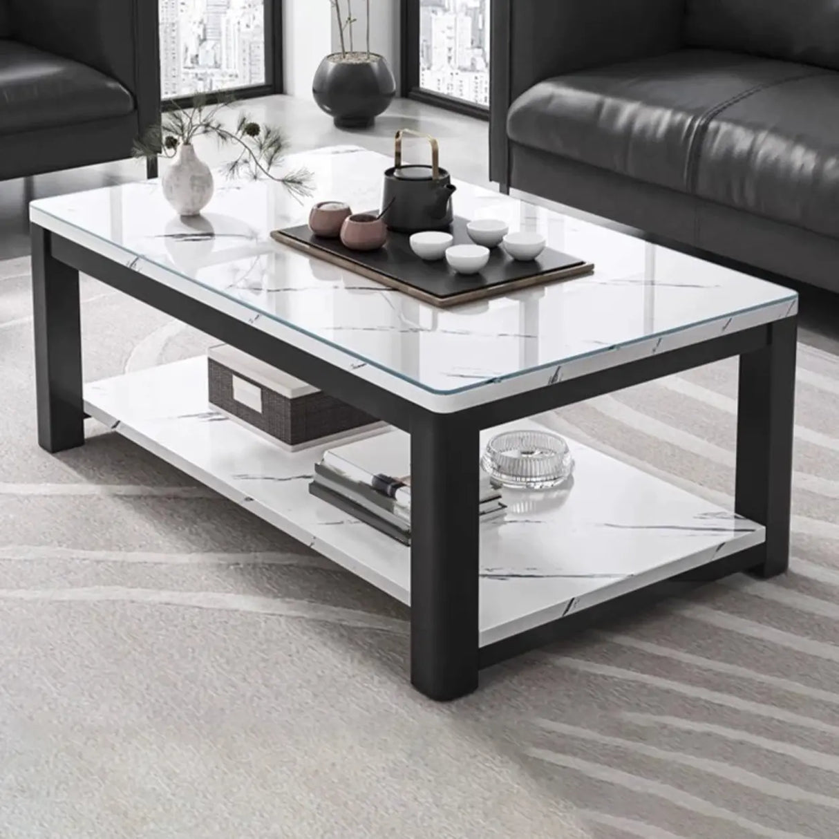 Rectangular Coffee Table with Black Metal Four Legs Image - 10
