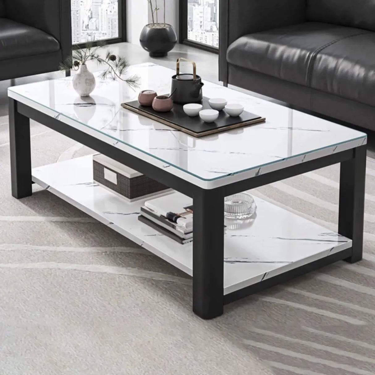 Rectangular Coffee Table with Black Metal Four Legs Image - 11