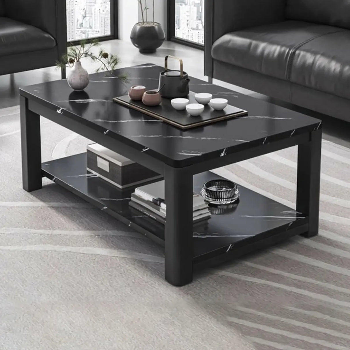 Rectangular Coffee Table with Black Metal Four Legs Image - 13