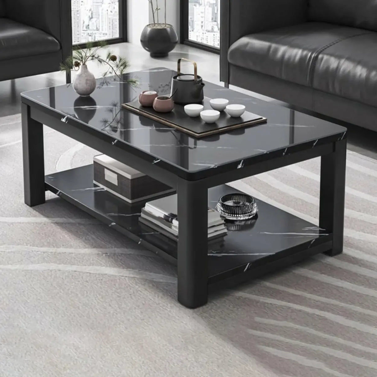 Rectangular Coffee Table with Black Metal Four Legs Image - 16