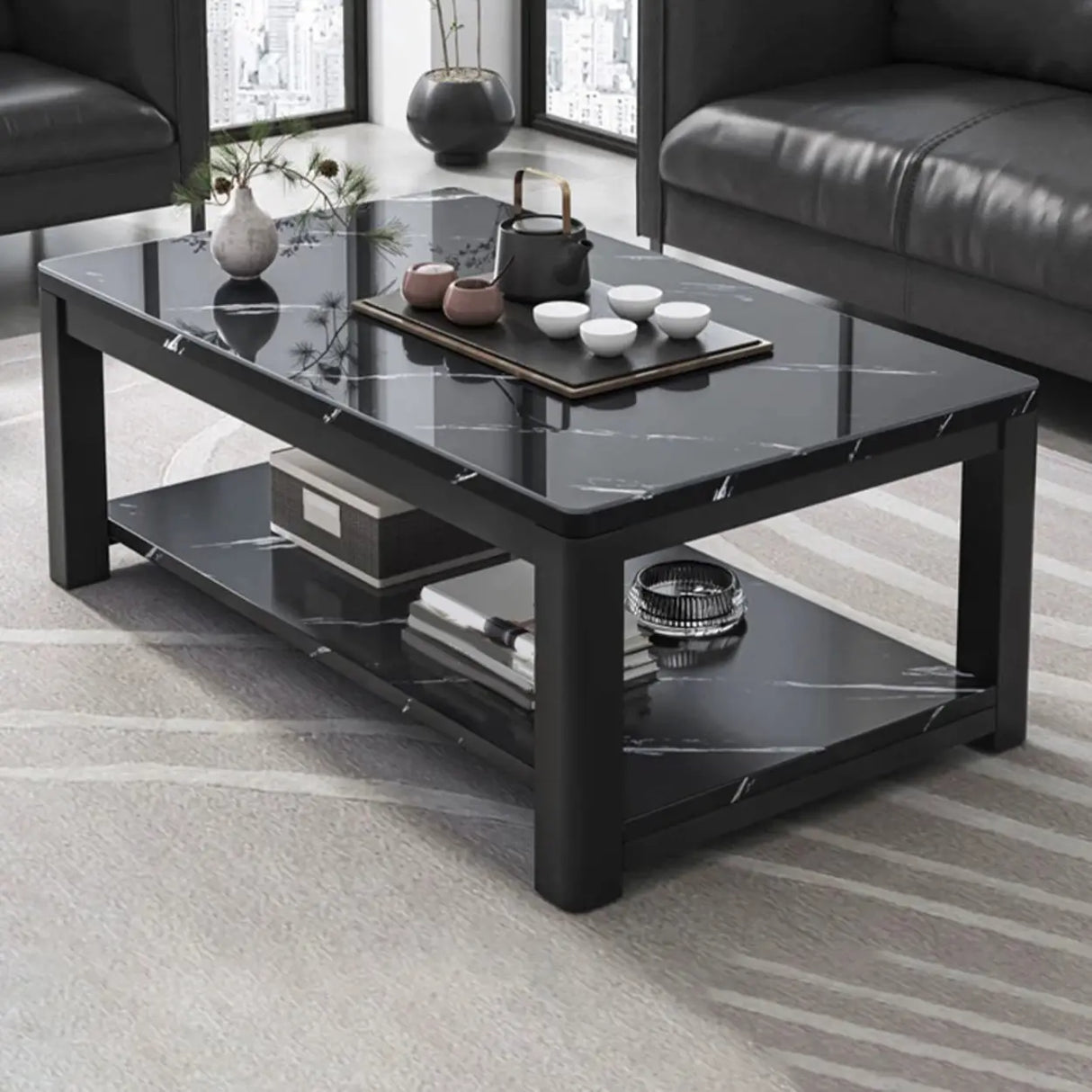 Rectangular Coffee Table with Black Metal Four Legs Image - 17