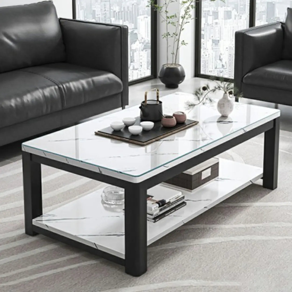 Rectangular Coffee Table with Black Metal Four Legs Image - 1