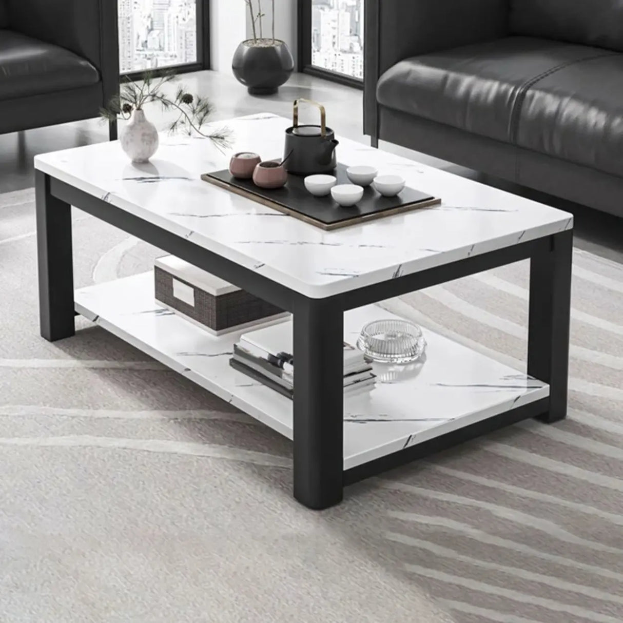 Rectangular Coffee Table with Black Metal Four Legs Image - 2