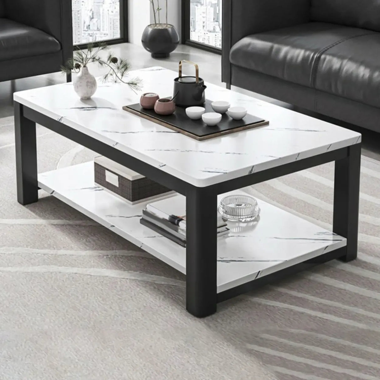 Rectangular Coffee Table with Black Metal Four Legs Image - 3