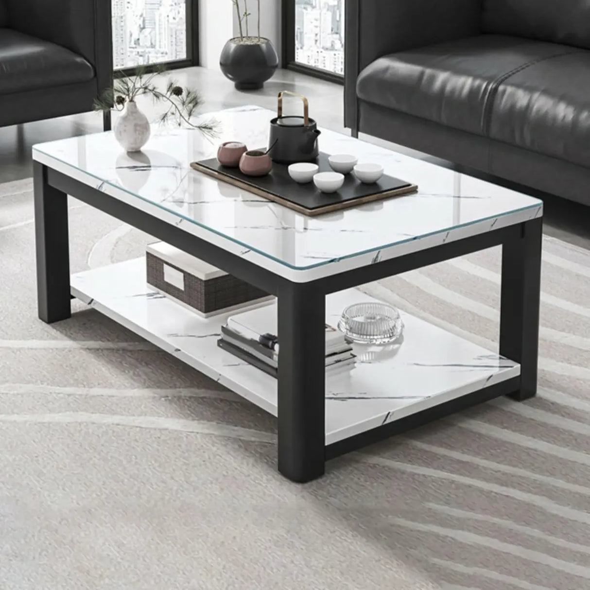Rectangular Coffee Table with Black Metal Four Legs Image - 8