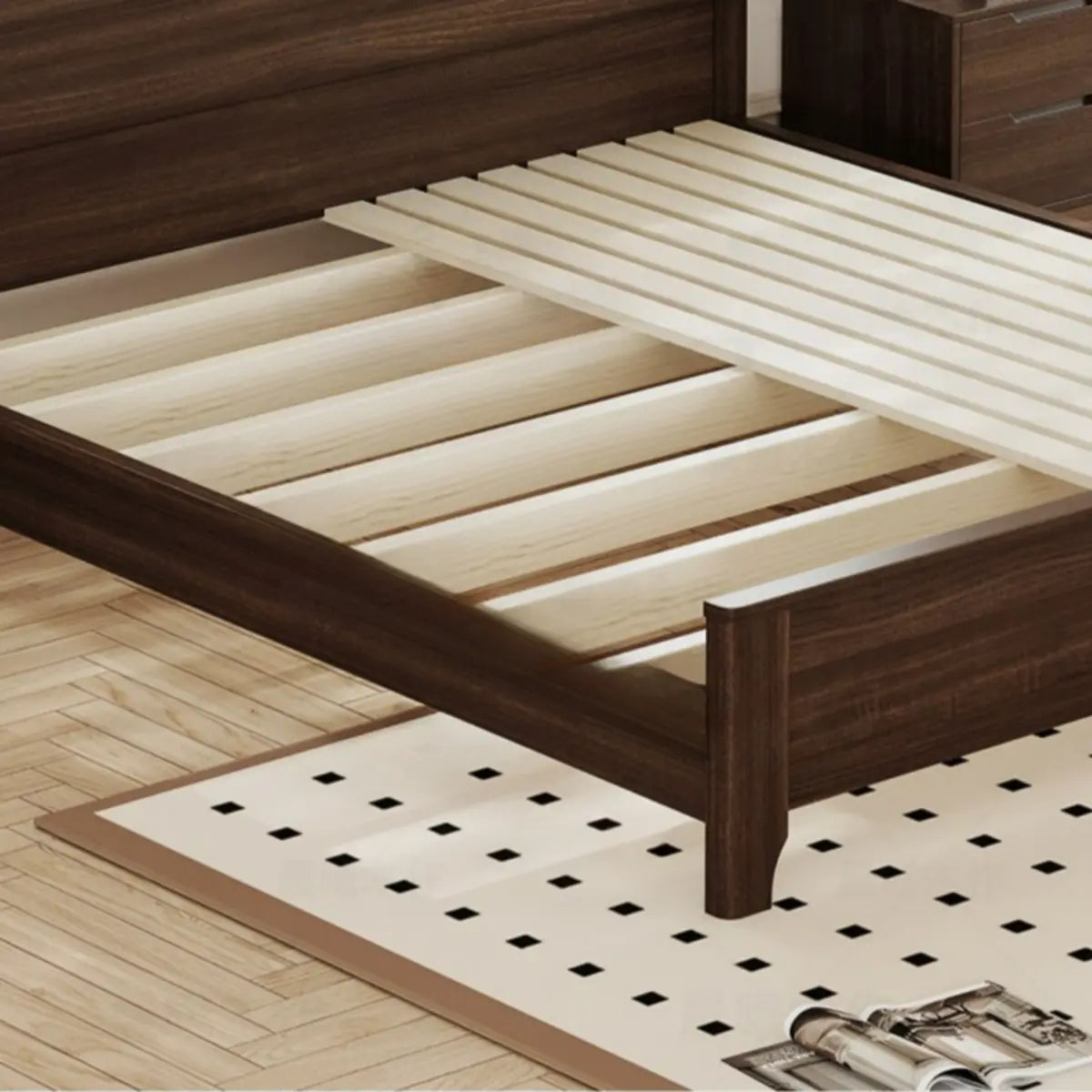 Rectangular Headboard Wood Brown Queen Platform Panel Bed Image - 10