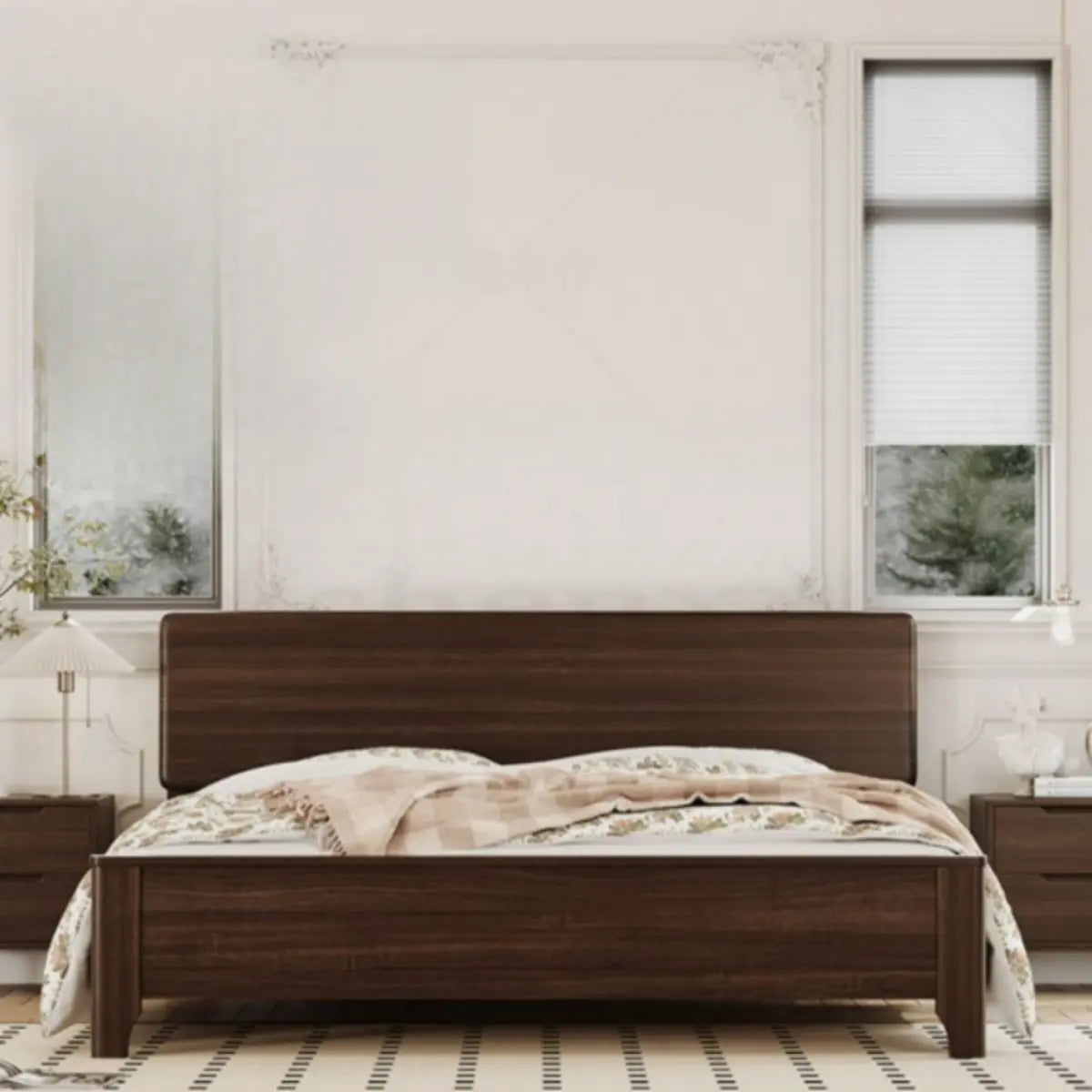 Rectangular Headboard Wood Brown Queen Platform Panel Bed Image - 3