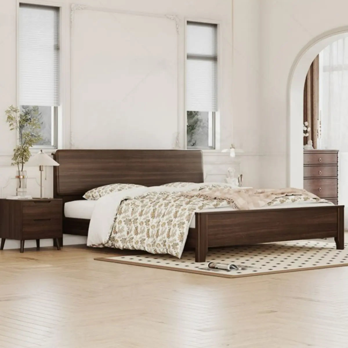 Rectangular Headboard Wood Brown Queen Platform Panel Bed Image - 4