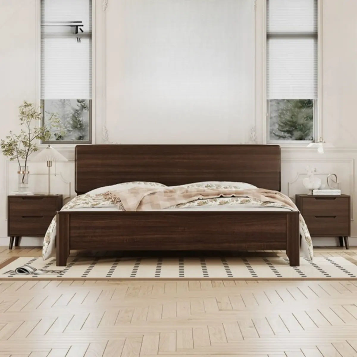 Rectangular Headboard Wood Brown Queen Platform Panel Bed Image - 5
