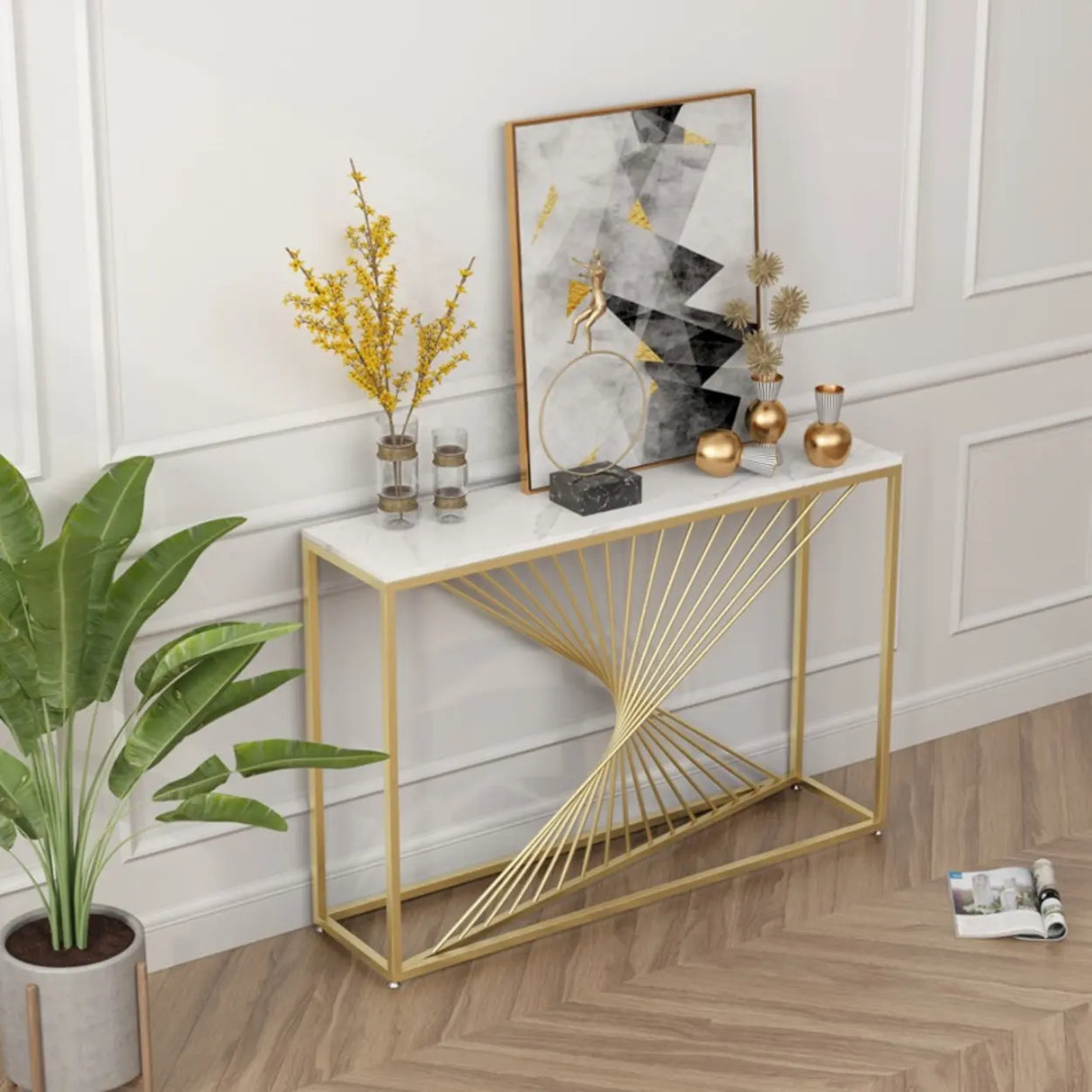 Rectangular Marble Top Gold Frame Entry Console Table Image - 1