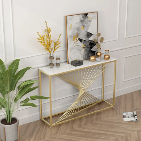 Rectangular Marble Top Gold Frame Entry Console Table Image - 1