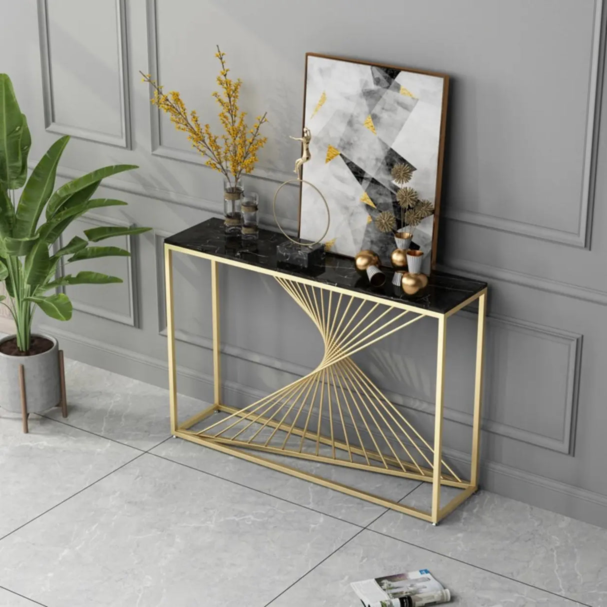 Rectangular Marble Top Gold Frame Entry Console Table Image - 4