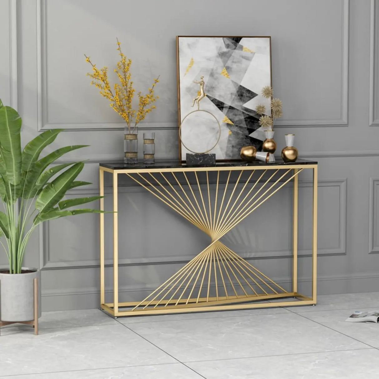 Rectangular Marble Top Gold Frame Entry Console Table Image - 7