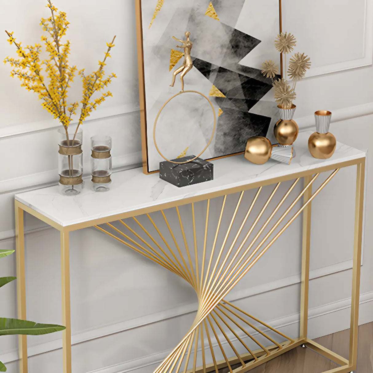 Rectangular Marble Top Gold Frame Entry Console Table Image - 8