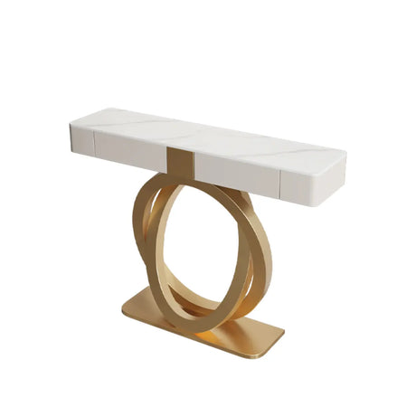 Rectangular Pedestal Stone Gold Base Storage Console Table Image - 2
