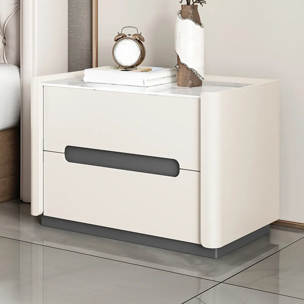 Rectangular Sintered Stone Beige 2-Drawer Nightstand Image - 2