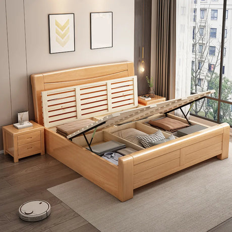 Rectangular Solid Wood Natural Queen Size Platform Bed Image - 3