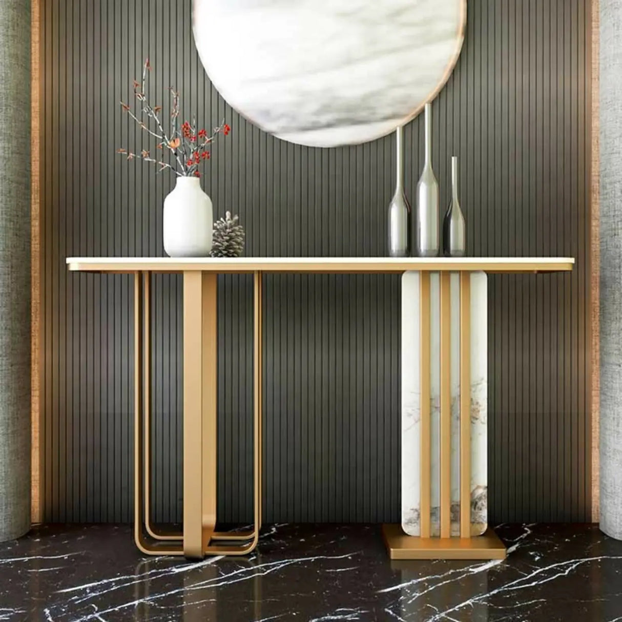 Rectangular Stone Gold Large Decorative Console Table Image - 1
