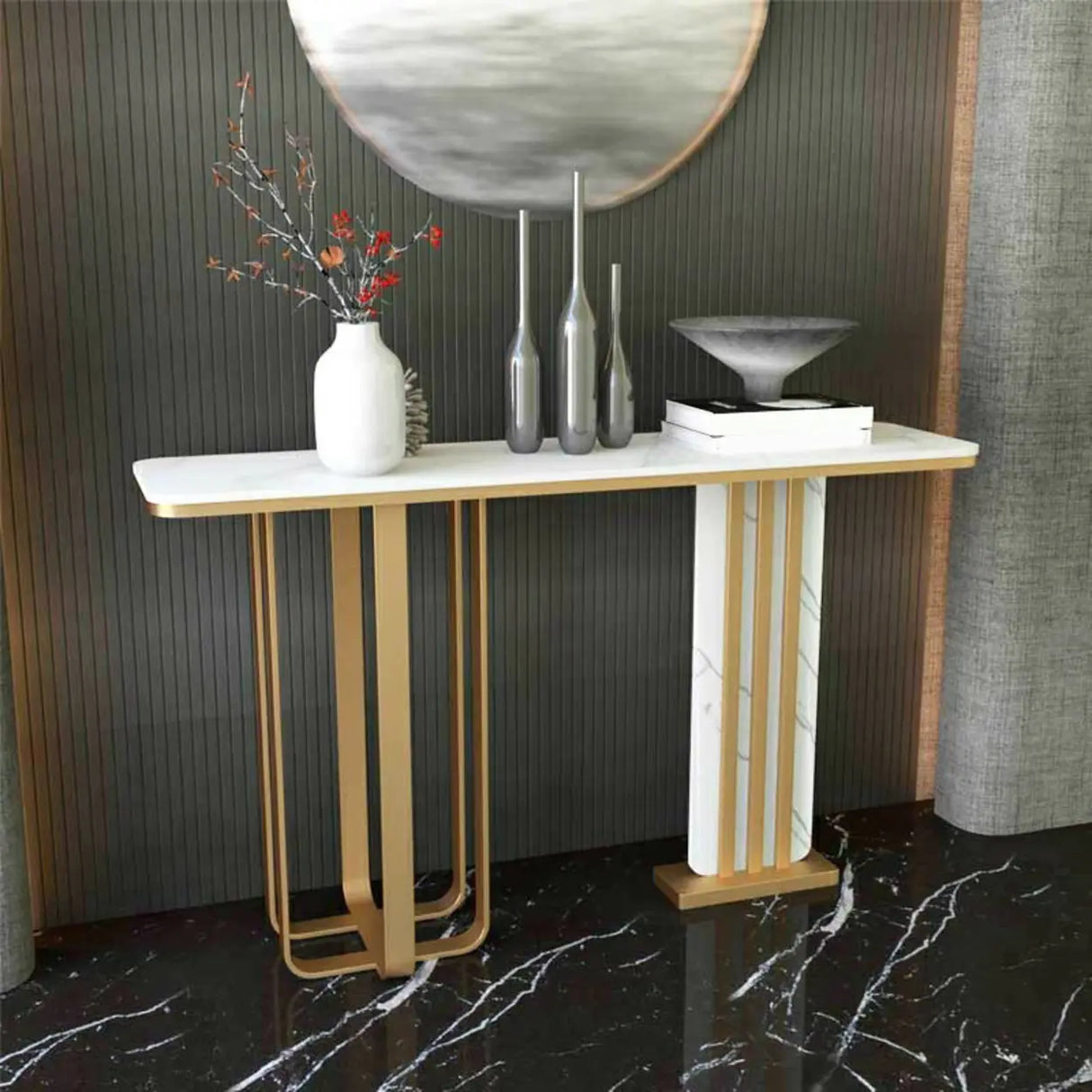 Rectangular Stone Gold Large Decorative Console Table Image - 4