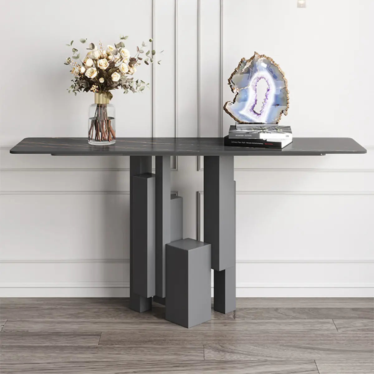 Rectangular Stone Ink Top Abstract Base Console Table Image - 1
