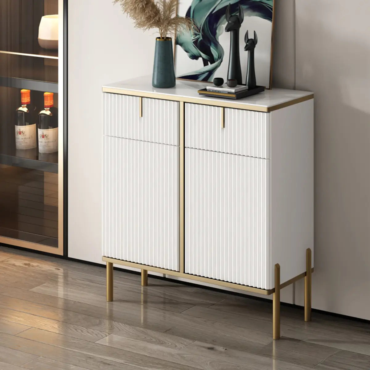Rectangular Stone Top Black Cabinets Sideboard with Storage Image - 4