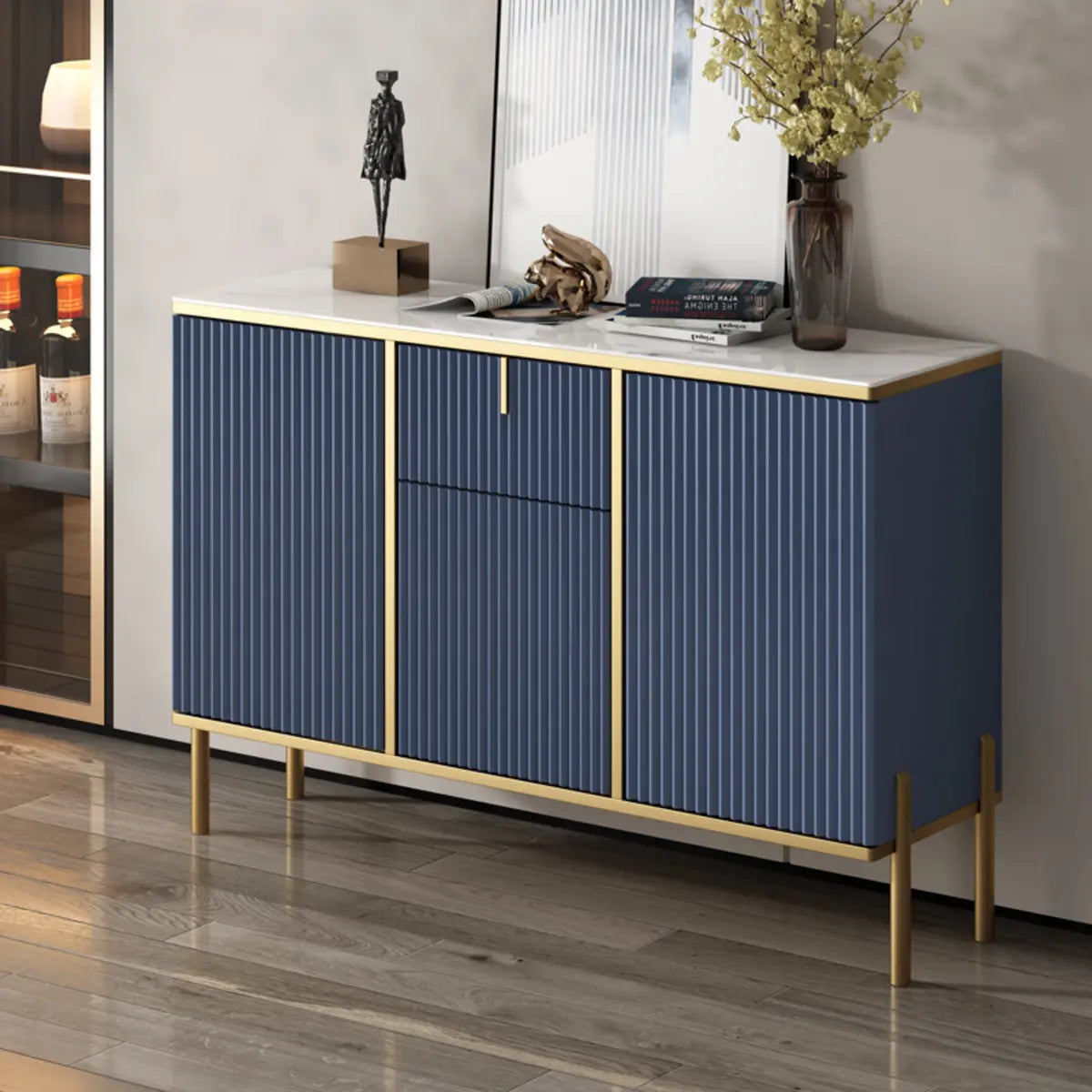 Rectangular Stone Top Black Cabinets Sideboard with Storage Image - 6