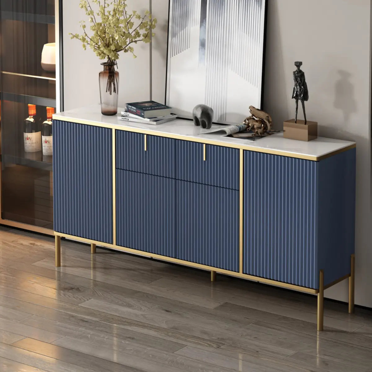 Rectangular Stone Top Black Cabinets Sideboard with Storage Image - 7