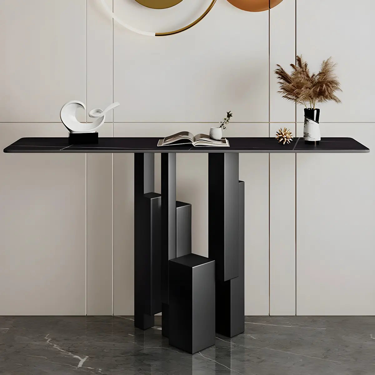 Rectangular Stone Top Black Tall Iron Base Console Table Image - 1