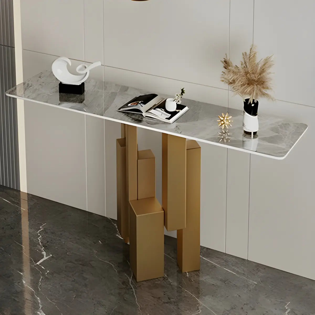 Rectangular Stone Top Black Tall Iron Base Console Table Image - 10