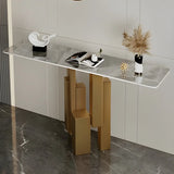 Rectangular Stone Top Black Tall Iron Base Console Table Image - 10