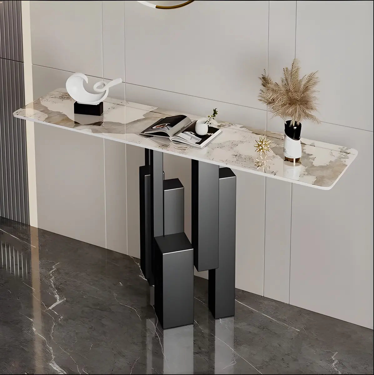 Rectangular Stone Top Black Tall Iron Base Console Table Image - 12
