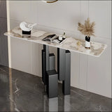 Rectangular Stone Top Black Tall Iron Base Console Table Image - 12