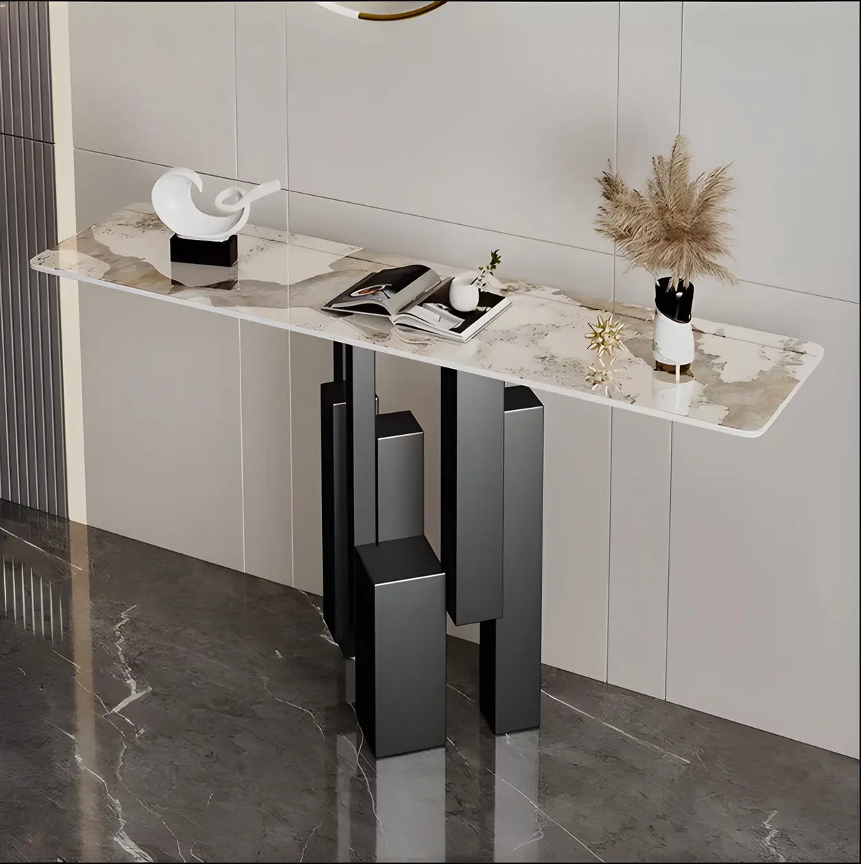 Rectangular Stone Top Black Tall Iron Base Console Table Image - 12