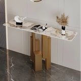 Rectangular Stone Top Black Tall Iron Base Console Table Image - 13