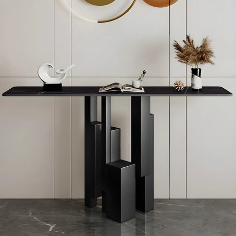 Rectangular Stone Top Black Tall Iron Base Console Table Image - 1